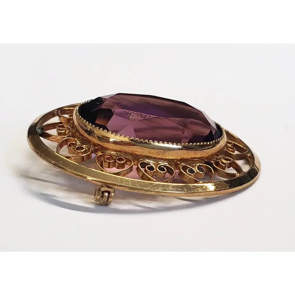 Vintage Catamore 1/20 12K G.F.  Purple Amethyst Glass Gold-filled Filgree Brooch